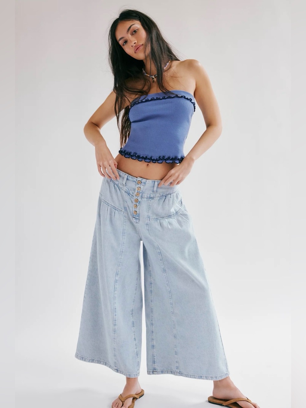 We The Free Blossom Pull-On Wide Leg Jeans Womens Paperbag Waist Coconut Buttons